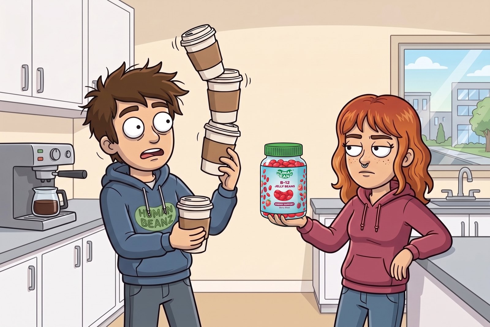 Hugh juggling coffee cups while Meg offers him Human Beanz Vitamin B12 Jelly Beans