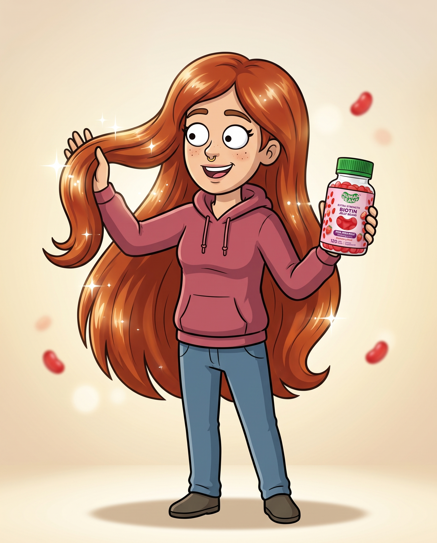 Meg with long, glossy hair holding Human Beanz Biotin