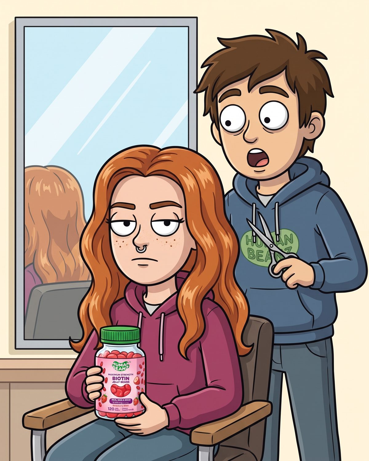 Meg at the hair salon holding Human Beanz Biotin 10,000 mcg while Hugh admires her hair
