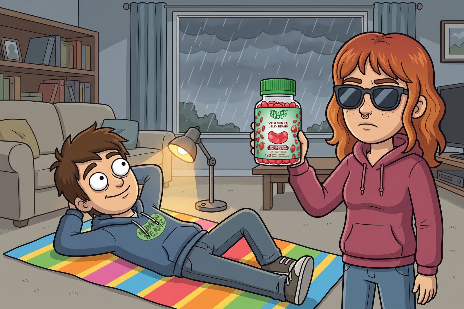 Hugh sunbathing under a desk lamp while Meg, in sunglasses, holds up Human Beanz Vitamin D3 Jelly Beans