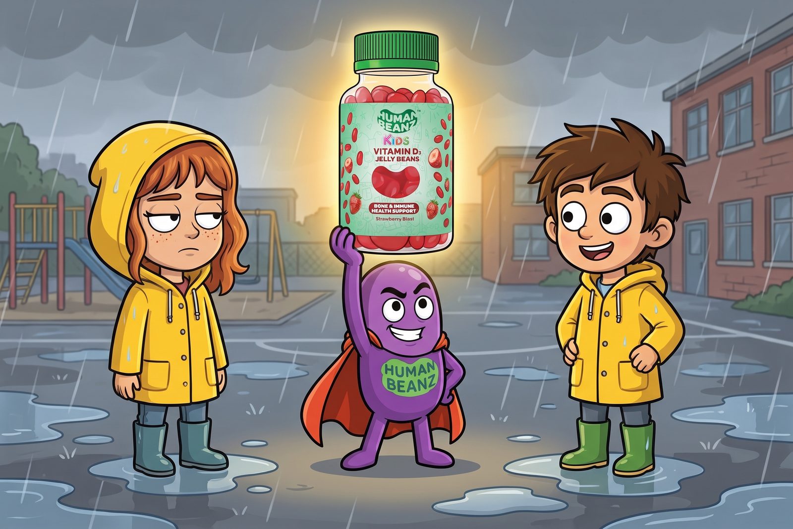 Bernie holding up Human Beanz Kids Vitamin D3 on a rainy playground with young Meg and Hugh