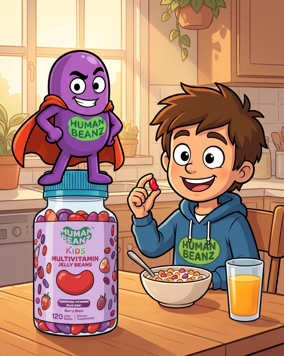 Bernie standing on a jar of Human Beanz Kids Multivitamin Jelly Beans at breakfast while Hugh happily holds up a jelly bean