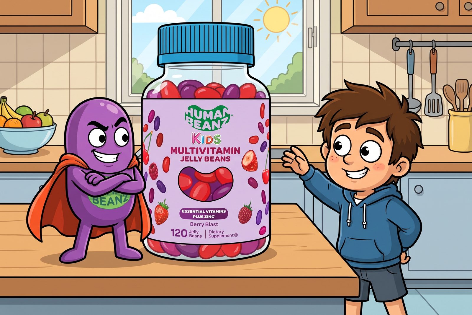 Bernie guarding the Human Beanz Kids Multivitamin jar from a sneaky young Hugh