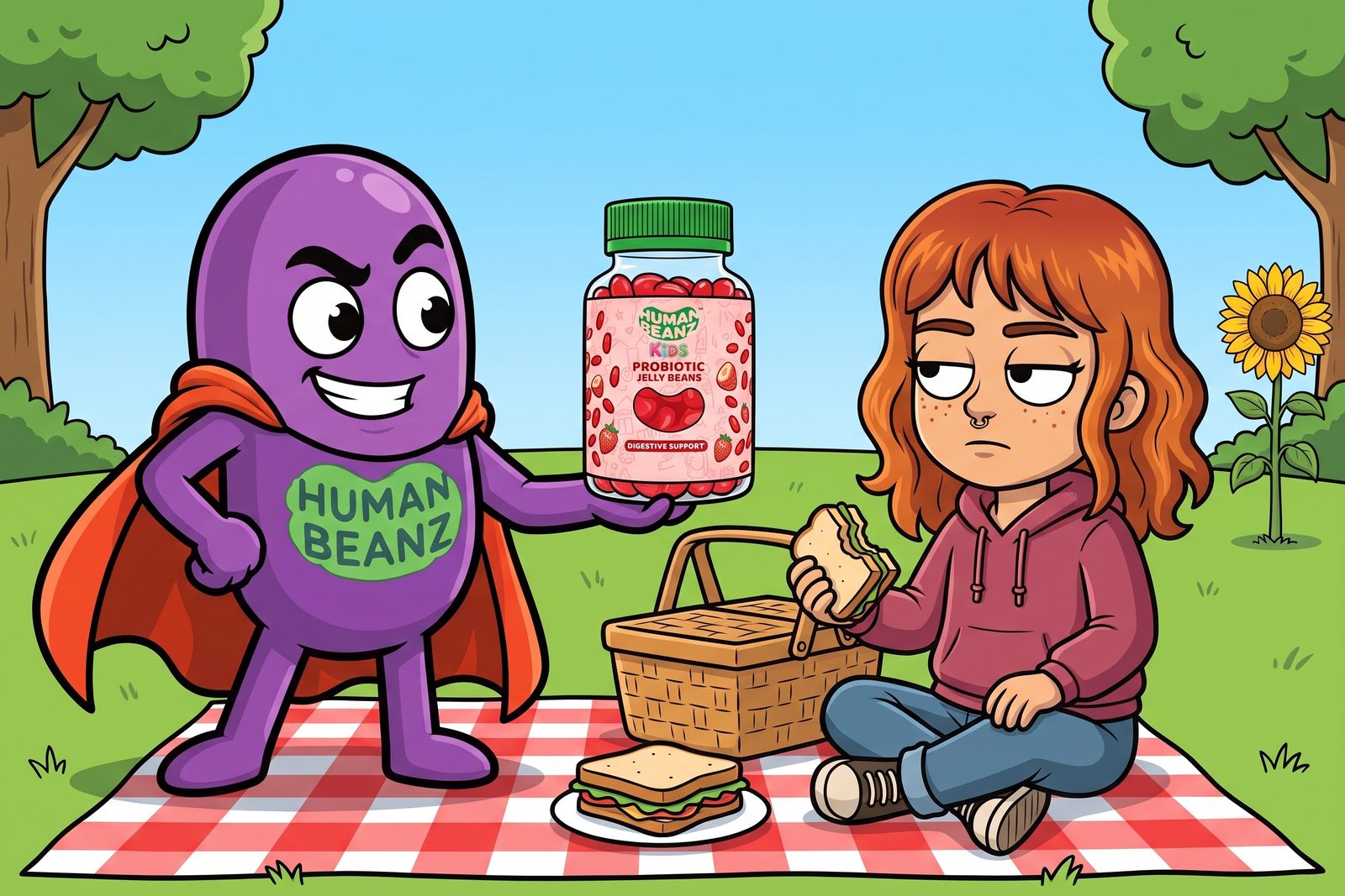 Bernie handing a young Meg the Human Beanz Kids Probiotic jar at a picnic