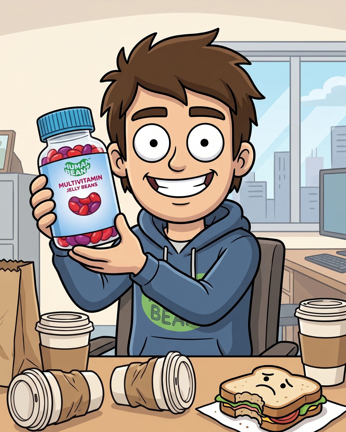 Hugh at his office desk among empty coffee cups, holding Human Beanz Multivitamin Jelly Beans