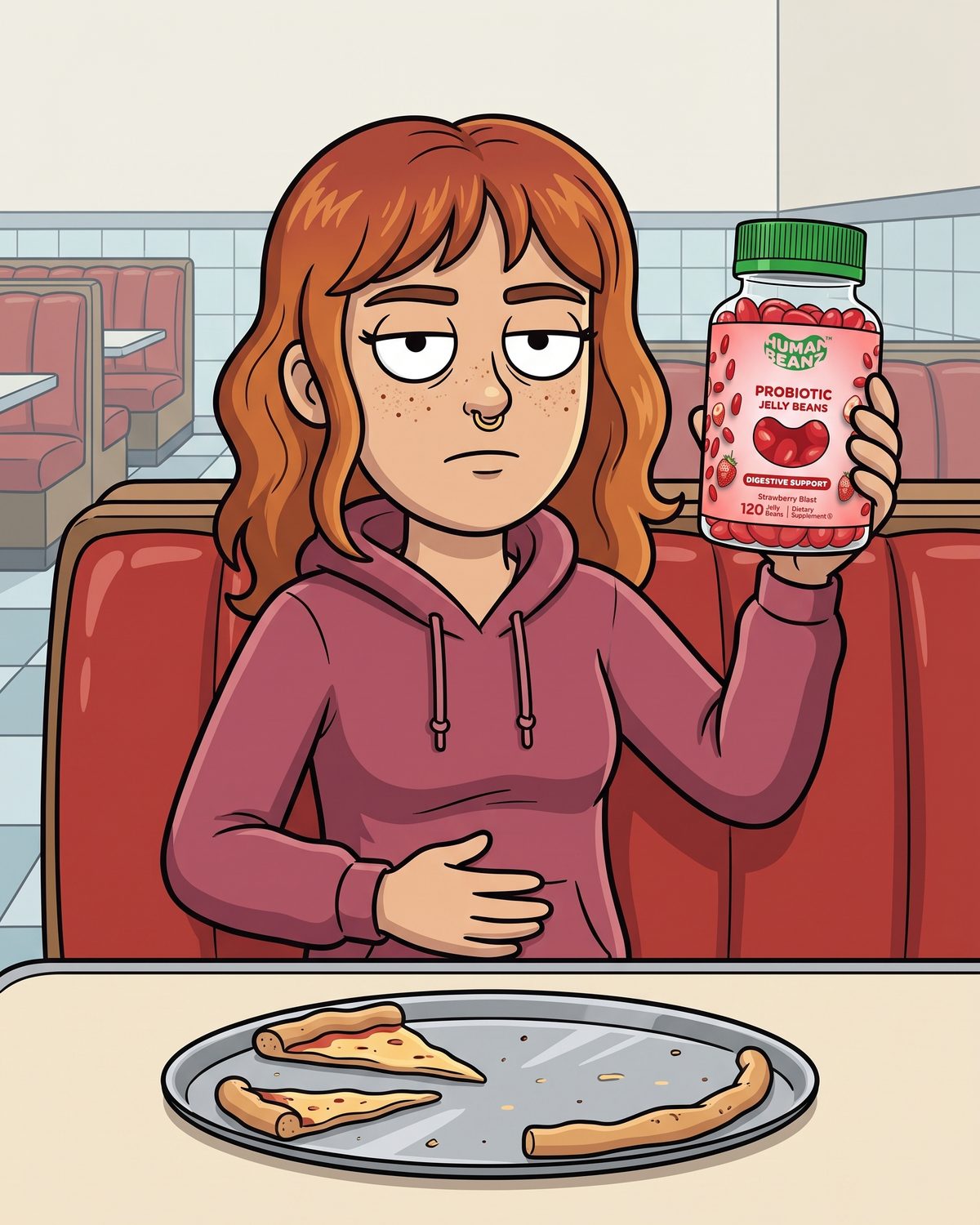 Meg in a diner booth after a whole pizza, holding Human Beanz Probiotic Jelly Beans