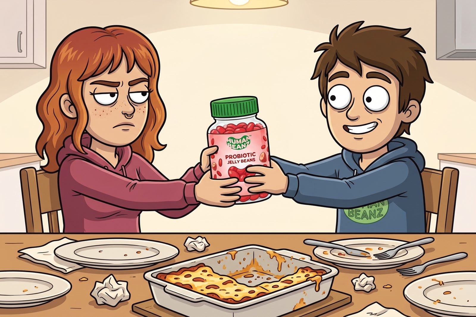 Meg and Hugh both grabbing the same jar of Human Beanz Probiotic Jelly Beans after dinner