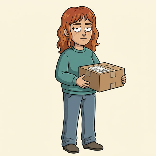 Meg returning a box, unimpressed