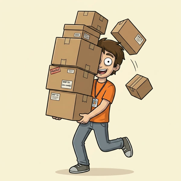 Hugh carrying a teetering stack of shipping boxes