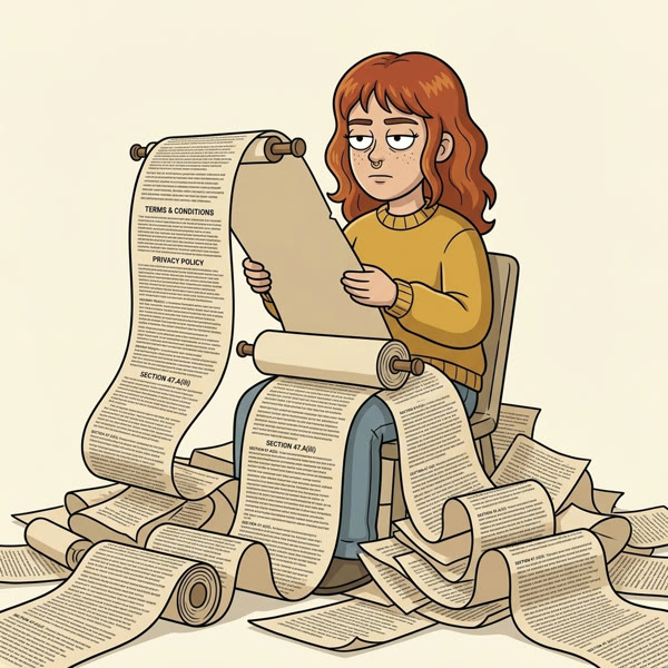 Meg reading the endless terms and conditions