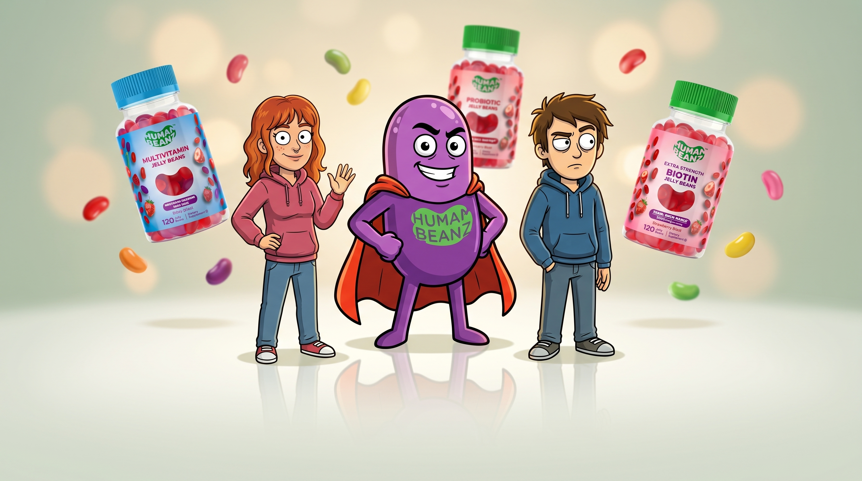 The Human Beanz characters — Bernie, Meg and Hugh — with the product range