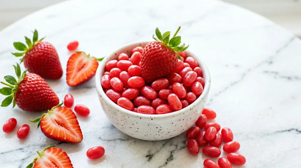 Best hair skin and nails supplements - bowl of biotin jelly bean vitamins with fresh strawberries and raspberries