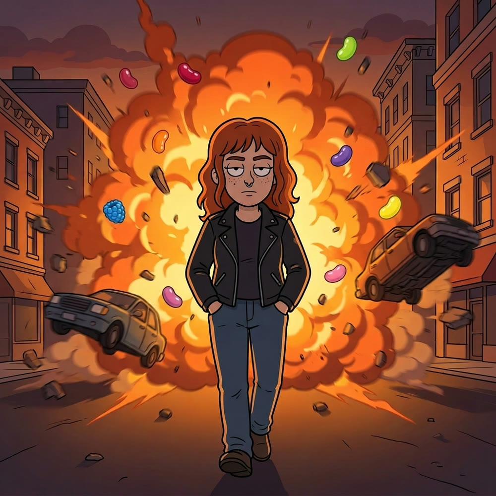 Meg walking away from an explosion of jelly beans