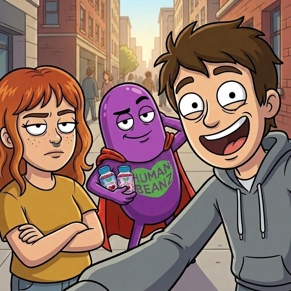 Meg, Bernie and Hugh taking a selfie with Human Beanz jars