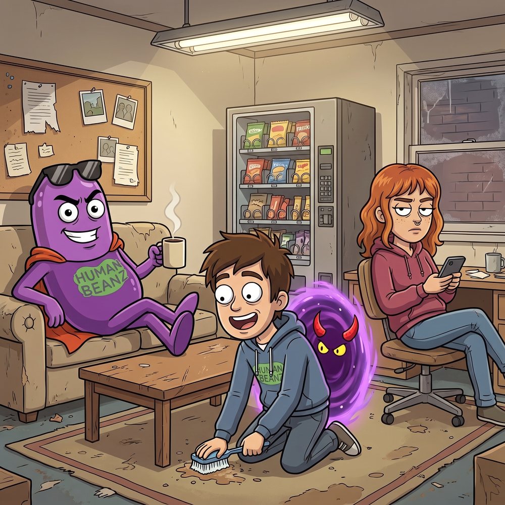 Bernie on his day off, Hugh scrubbing the floor next to a netherworld portal, Meg on her phone