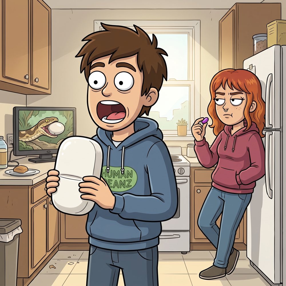 Hugh trying to swallow a giant vitamin tablet while Meg eats a Human Beanz jelly bean
